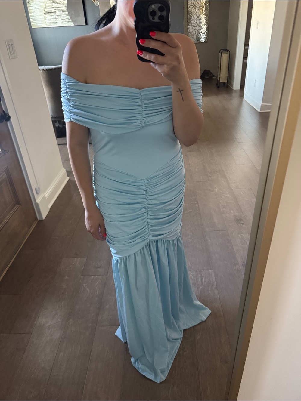 Off-Shoulder Light Blue Ruched Maxi Dress